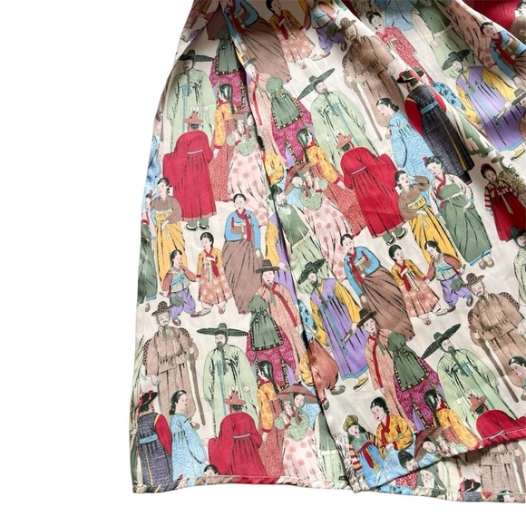 Natori Dynasty Print Satin Gown Caftan Red Trim Medium Hem Slits EUC - Picture 5 of 9